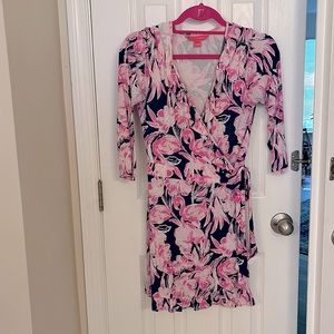 Navy and pink 3/4 sleeve wrap Lilly Pulitzer romper